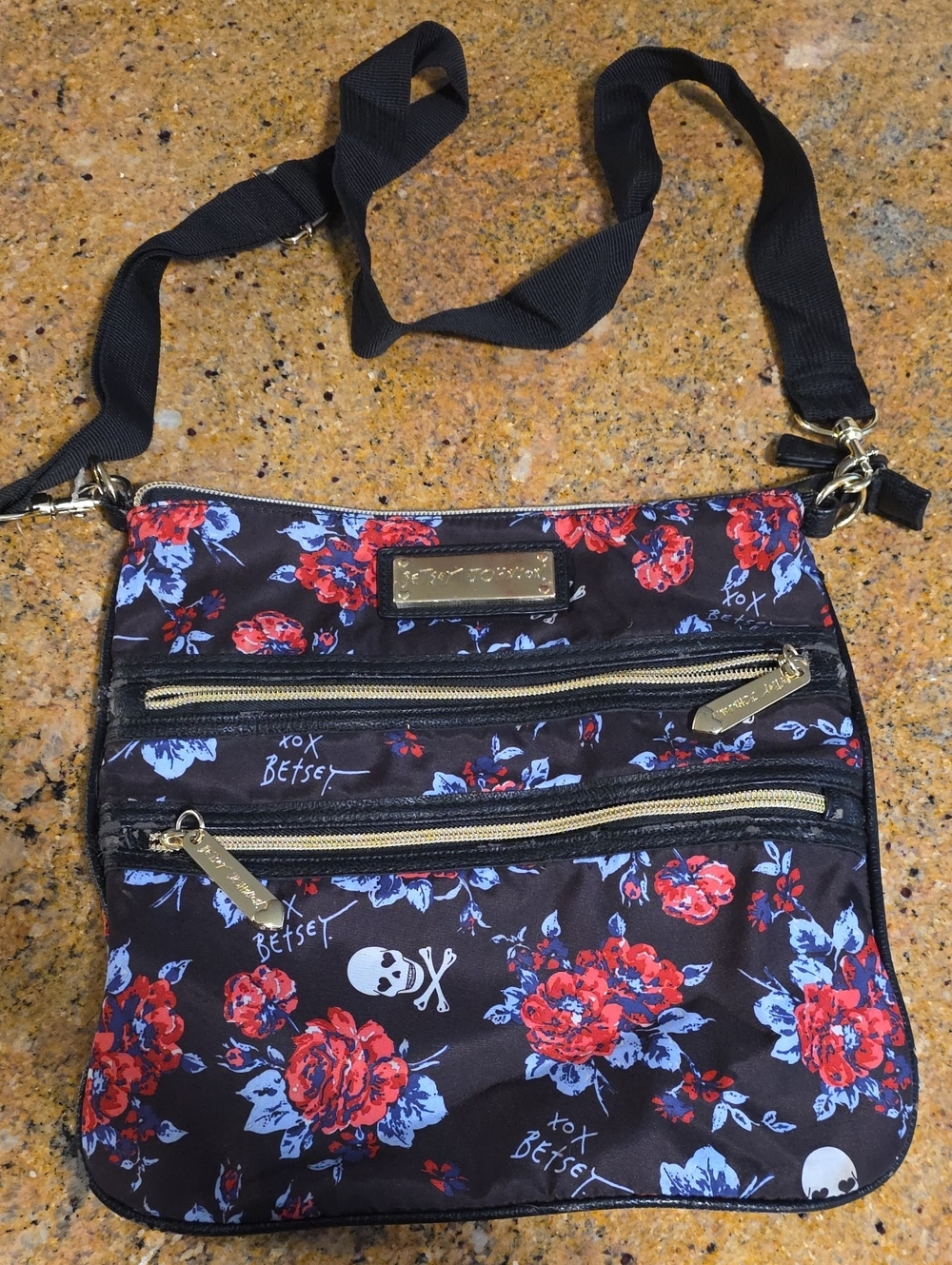 Betsey Johnson Black Floral Skulls Crossbody Bag